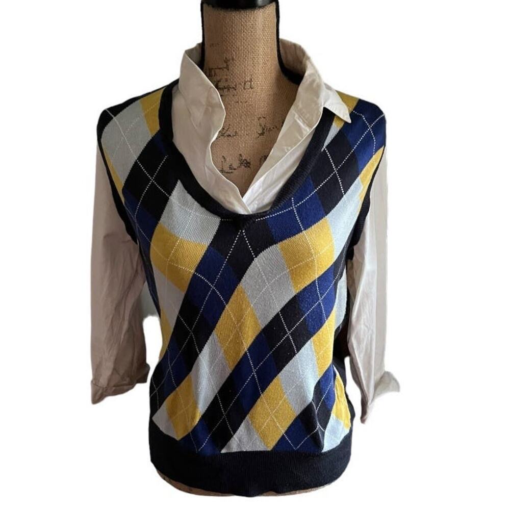 90s Vintage NY&Co Argyle Sweater Shirt Medium Faux Layered Y2K Preppy Academia - Picture 16 of 16